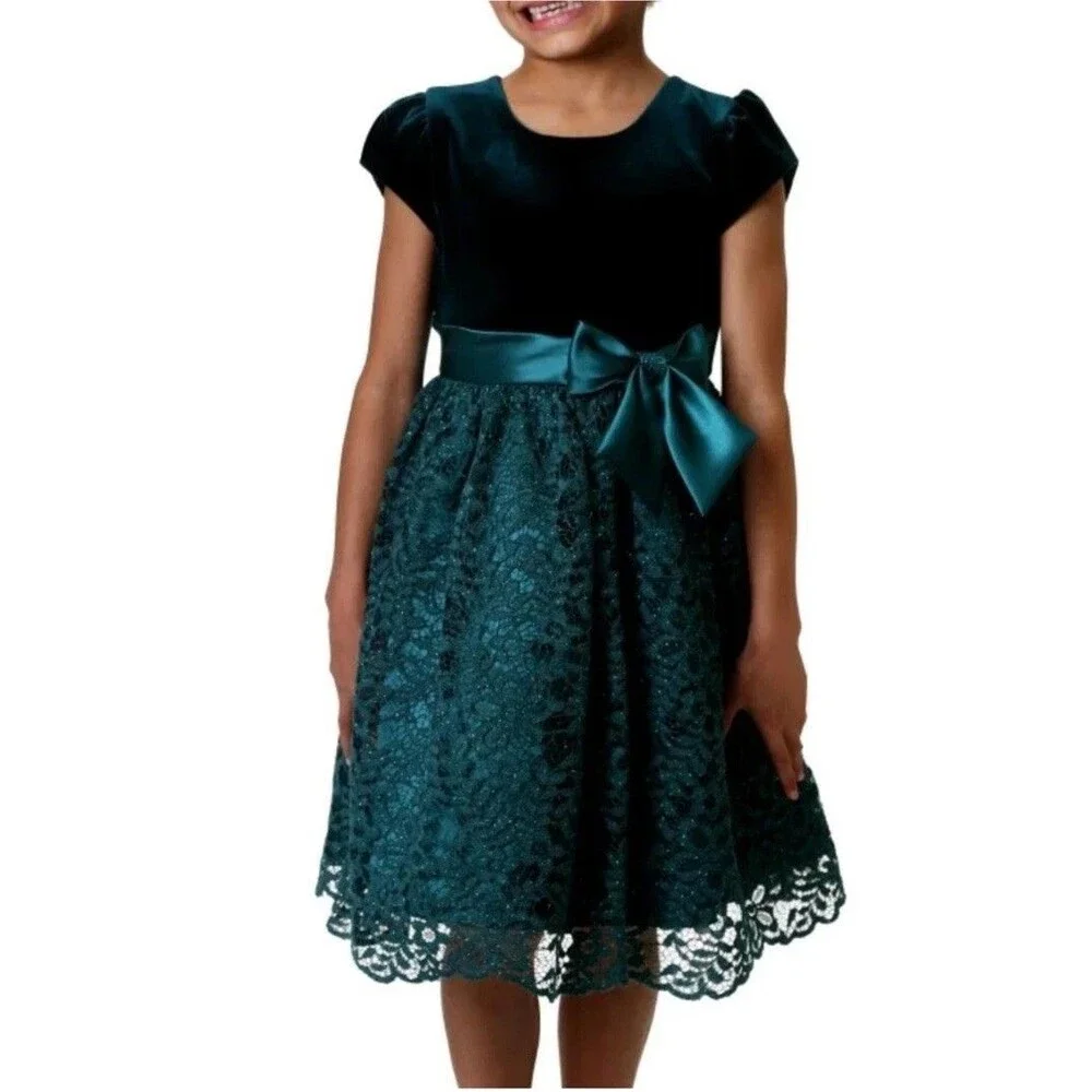 Jona Michelle Big Girl's Sparkling Elegant Velvet & Lace Fanciful Dress-Size-7